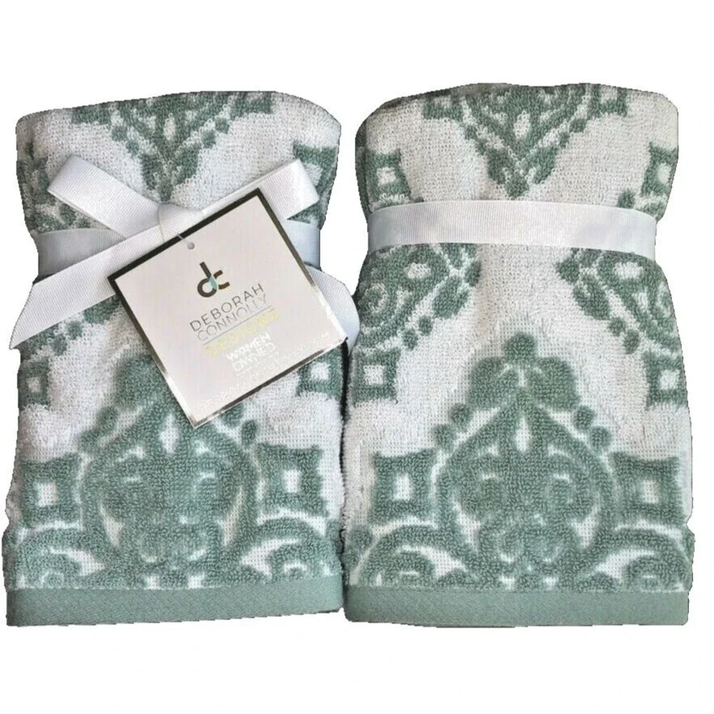 Deborah Connolly Fingertip Towels Green White Chenille Sculptured Set of 2